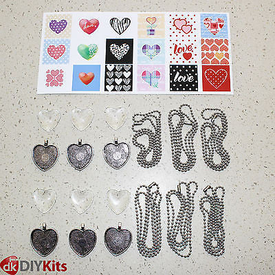 DIY Jewellery Kit - 6 x heart pendant trays & cabochons, chain, 18 designs, glue