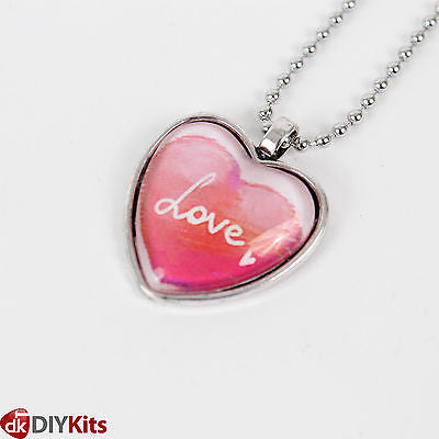 DIY Jewellery Kit - 6 x heart pendant trays & cabochons, chain, 18 designs, glue