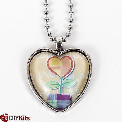 DIY Jewellery Kit - 6 x heart pendant trays & cabochons, chain, 18 designs, glue