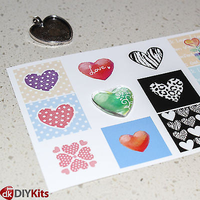 DIY Jewellery Kit - 6 x heart pendant trays & cabochons, chain, 18 designs, glue