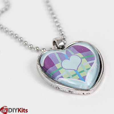 DIY Jewellery Kit - 6 x heart pendant trays & cabochons, chain, 18 designs, glue
